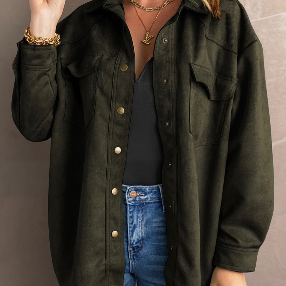 Dark Olive Faux Suede Button Down Jacket